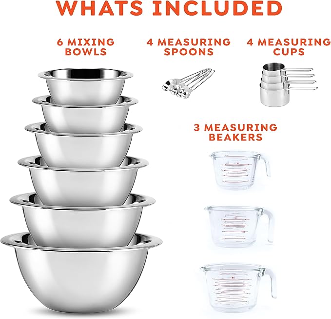 Eatex Mixing Bowls with Measuring Cups & Measuring Spoons 17 Piece Set - Nesting Stainless Steel Mixing Bowls Set for Kitchen, Measuring Spoons & Glass Liquid Measuring Cups, Dishwasher Safe Meal Prep