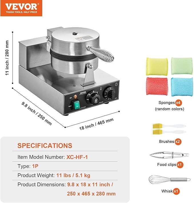 VEVOR Commercial Waffle Maker, 1230W Round Waffle Baker Machine, Non-Stick Stainless Steel Belgian Waffle Iron with Temperature and Time Control, Handle, for Restaurant Bakery Snack Bar Family