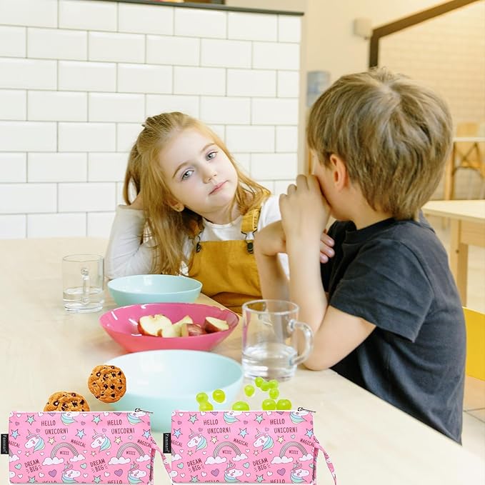 Reusable Sandwich Bag/Snack Bag for Kids & Adults, Dual Layer Lunch Bag with Handle, Washable, Food Safe, BPA Free (2-Pack, Rainbow Unicorn)
