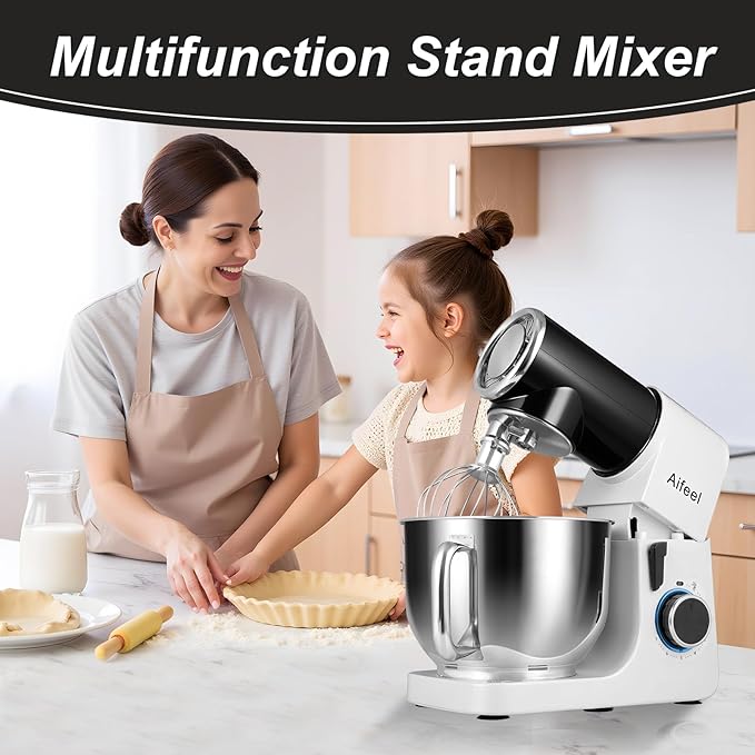 Aifeel Stand Mixer,6.5QT Kitchen Electric Mixer with 2QT Ice Cream Maker Bowl, 6 in 1 Multifunctional Bread Dough Mixer with Dough Hook,Wire Whip & Beater (Black-White)