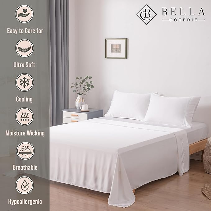 Bella Coterie Luxury Bamboo Viscose Split Top King Size Sheet Set | 100% Organically Grown | Ultra Soft | 34" Split | Cooling for Hot Sleepers | 18" Deep Pocket [White]
