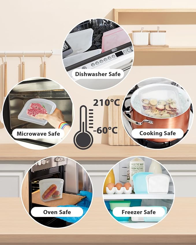 Reusable Silicone Storage Bag, 8Pack Pocket, Snack, and Sandwich Bag, Endurables Seal-Top Silicone Bags for Food Storage, Freezer, Microwave, Oven, Dishwasher Safe (Clear & Peach)