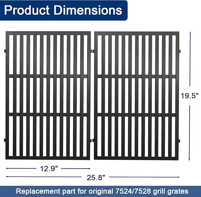 DELSbbq Cooking Grates for Weber Genesis 300 Series Genesis E310 E320 E330 S310 S320 S330 EP-310 EP-320 EP-330, Cast-Iron Grill Grates Replacement for Weber 7524/7528, 19.5" x 12.9", Set of 2