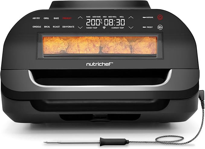 NutriChef Indoor Smokeless Grill | Smart Grill & Air Fryer with 7 Cooking Functions | 6L Capacity | Includes Smart Thermometer | Precise Temperature Control | Non-Stick Removable Grill Plates
