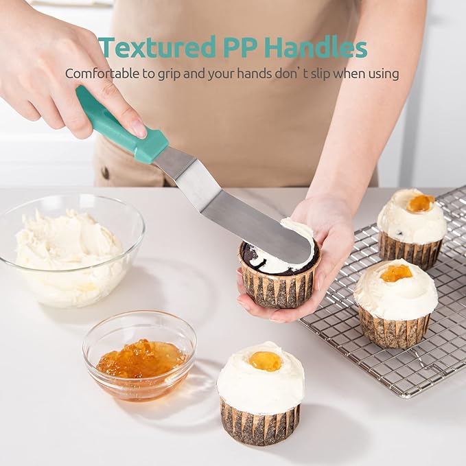 Icing Spatula, U-Taste Offset Spatula Set with 6", 8", 10" Blade, 18/0 Stainless Steel with PP Plastic Handle Angled Cake Decorating Frosting Spatula Set of 3 (Teal/Aqua Sky)