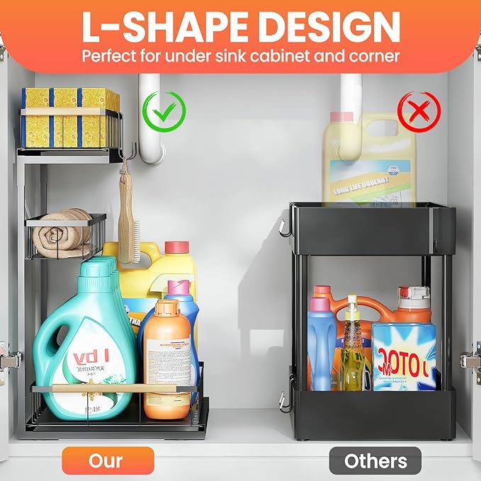 Under Sink Organizer and Storage for Bathroom and Kitchen - 1 Pack Pull Out Under Cabinet Shelf Organizers - 2 3 Tier Sliding Out Drawer Organization for Home Cabinets Shelves and Drawers