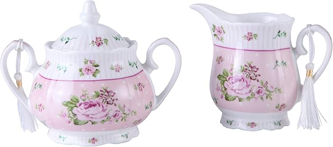 London Boutique Porcelain Teapot Sugar Bowl and Cream Milk Jug Shabby Chic Vintage Floral in Gift box 40oz (Cream & Sugar Set Rose Pink)