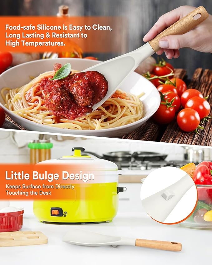 Cooking Spoon and Rice Scooper for Nonstick Cookwares, Great for Cooking and Serving Sturdy BPA-Free Matte Silicone, Wood Handle Spoon for Mixing, Scoop, and Scrape (WHITE)