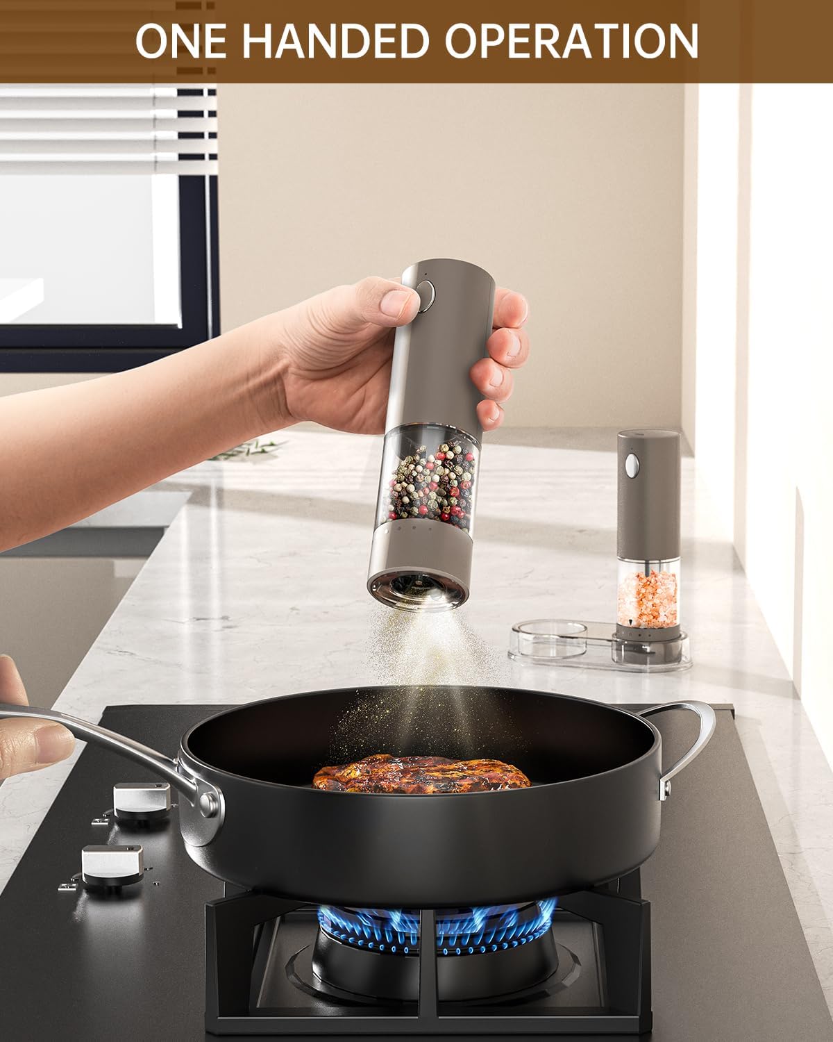 CIRCLE JOY Electric Salt and Pepper Grinder Set Rechargeable Salt and Pepper Mills with Storage Base, Adjustable Coarseness and LED White Light, Washable 95ml Container, Brown