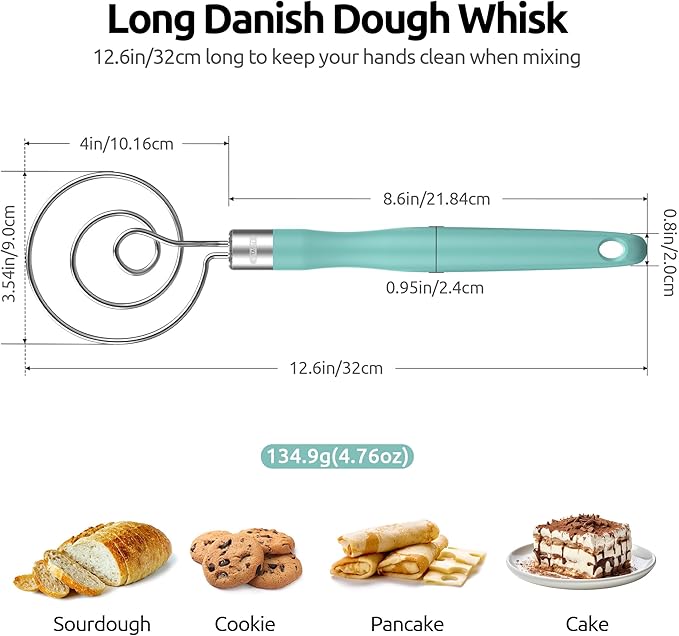U-Taste 12.6in Danish Dough Whisk: 18/8 Stainless Steel Heavy-Duty Sourdough Mixer Tool, Food Grade Dutch Style Seamless Bread Wisk, Sturdy for Mixing, Stirring, Kneading Thick Batter (Aqua Sky)