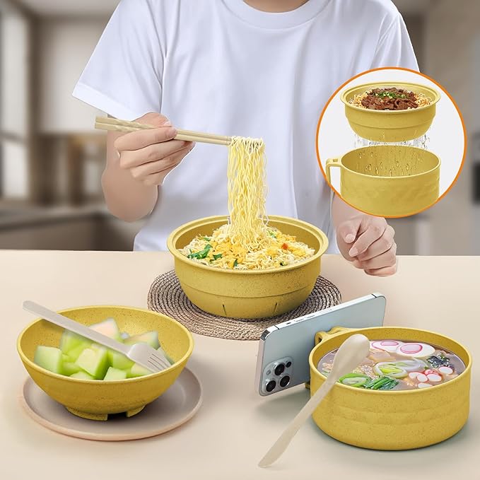 Ramen Cooker,32oz Ramen Bowl Set,Microwave Ramen Bowl, Microwave Bowl with Lid, Portable Noodle Bowls,for Home Office Dorm Room College gift (Yellow)