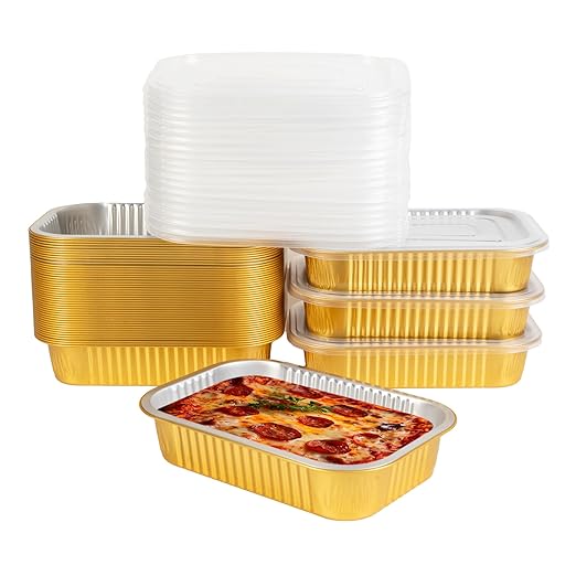Aluminum Pans with Lids Heavy Duty (40 Pack + 40 Lids, 8.7"×6") 2.25 LB Capacity Foil Food Containers with Lids, Disposable Tin Foil Pans with Lids for Baking, Meal Prep, Freezer, Heating and Takeout