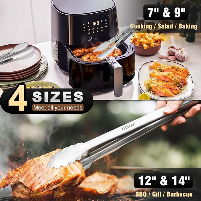 Tongs For Cooking - Heat Resistant 600 Degrees Metal Kitchen Tongs, Heavy Duty Stainless Steel Tongs - Perfect for Food, BBQ Set of 4, 7-9-12 &14 inch Grey