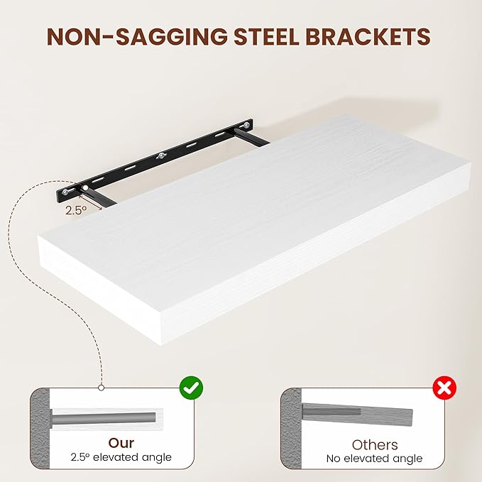 White Floating Shelves for Wall, 24 Inch X 12 Deep Shelves for Room Wall Mounted，2" Thick Heavy Duty Holds 55lbs Floating Shelf for Bedroom Bathroom Kitchen Laundry Room, Set of 2