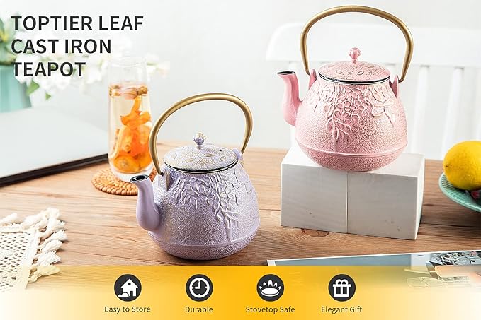 Tea Kettle, TOPTIER Japanese Cast Iron Teapot with Stainless Steel Infuser, Cast Iron Tea Kettle Stovetop Safe, Leaf Design Teapot Coated with Enameled Interior for 40 Ounce (1200 ml), Purple