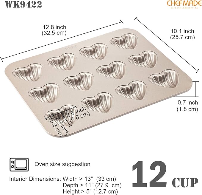 CHEFMADE Madeleine Mold Cake Pan, 12-Cavity Non-Stick Heart-shaped Shello Madeline Bakeware for Oven Baking (Champagne Gold)