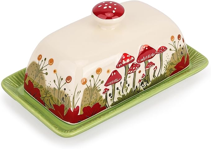 Fungi Fun Mushroom Butter Dish With Lid For Countertop Ceramic Butterdish, Red Mushroom Butter Container, Butter Tray Large Butter Dish Covered (White, Standard)