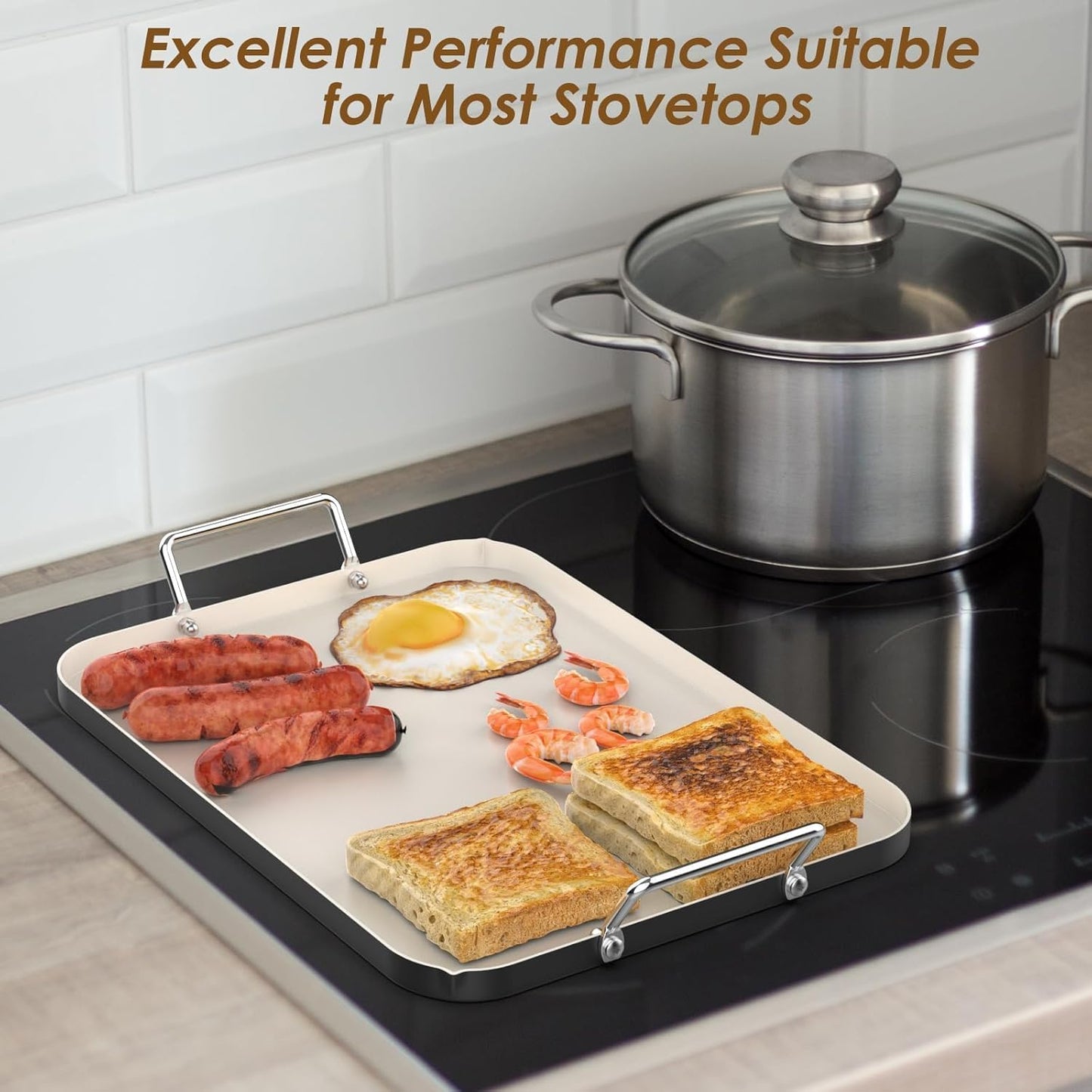 17.7" x 13" Burner Griddle Pan for Stove Top Oven, Stainless Steel Handles, Non Stick Ceramic Griddle Pan Griddle Skillet, PTFE Free PFOA Free, Black