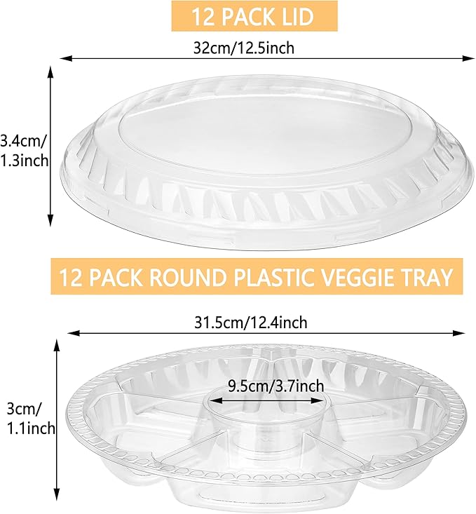 12 Pack Round Plastic Veggie Tray with Lid Fruit Tray 6 Divided Compartment Container Food Serving Dip Platter Reusable Catering Trays for Veggie Fruit Snack Party and Buffet Trays（Clear，12inch）