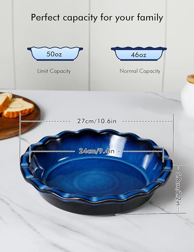 AISBUGUR Pie Pan for Baking 9 Inch Ceramic Pie Dish Quiche Baking Dish Non-Stick Dishwasher & Oven Safe (Reactive Glaze Blue)
