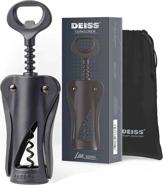 Deiss LUX Wine Opener, All-Metal Wing Corkscrew Wine Bottle Opener with Built-in Beer Bottle Opener - Ergonomic Cork Screw Wine Corker, Silver Matte Coating, Velvet Storage Pouch (BLACK)