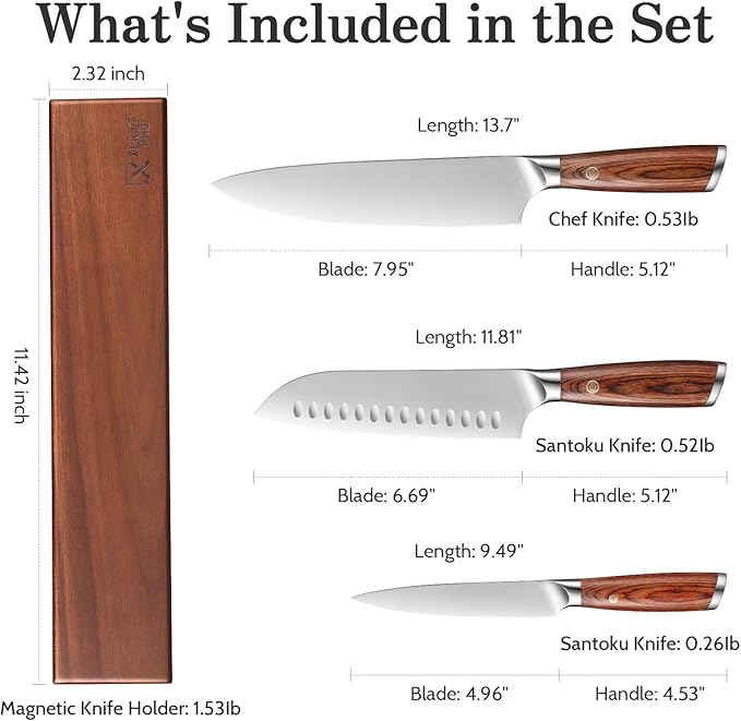 Kitchen Knife Set with Magnetic Holder, 4 Pieces Japanese High Carbon Stainless Steel Chef Cooking Knife Set, Ultra Sharp Professional Chef Santoku Utility Knives (Silver)