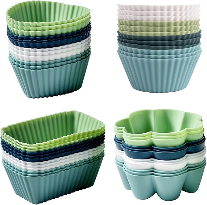 48 Pack Reusable Silicone Muffin Cups, Cupcake Baking Cups Mini Muffin Pan Silicone Cupcake Liners Non-stick Muffin Liners for Party (48, 4 Styles)