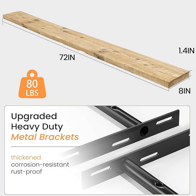 Fun Memories Floating Shelves for Wall Decor, 72"x8" Rustic Reclaimed Wood Shelves, Heavy-Duty Wall Mounted Shelves with Invisible Brackets for Living Room, Bedroom, Kitchen, Natural Finish