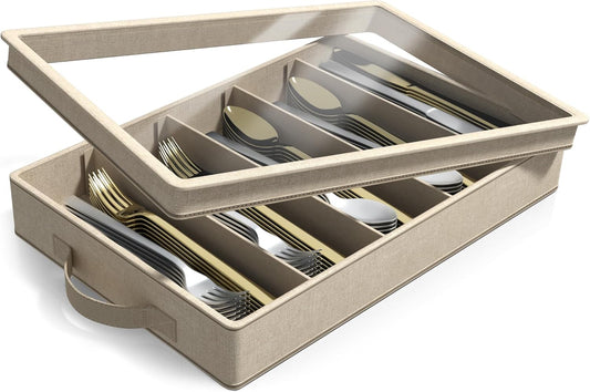 Sorbus Flatware & Utensil Storage - Fabric Chest Box for Storage and Organizing Utensils, Silverware, Flatware, Cutlery - Silverware Organizer Container with Clear Lid & Adjustable Divider
