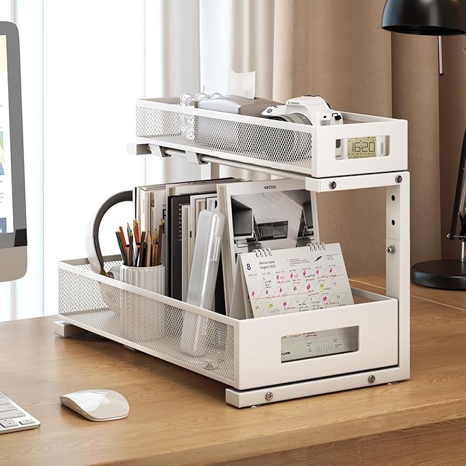 1 Pack 17IN Depth Under Sink Storage Organizer, Large 2-Tier Elegant Mesh Pull Out Shelf for Kitchen and Bathroom Cabinet Organization, L-Shaped and Adjustable Height Design-White