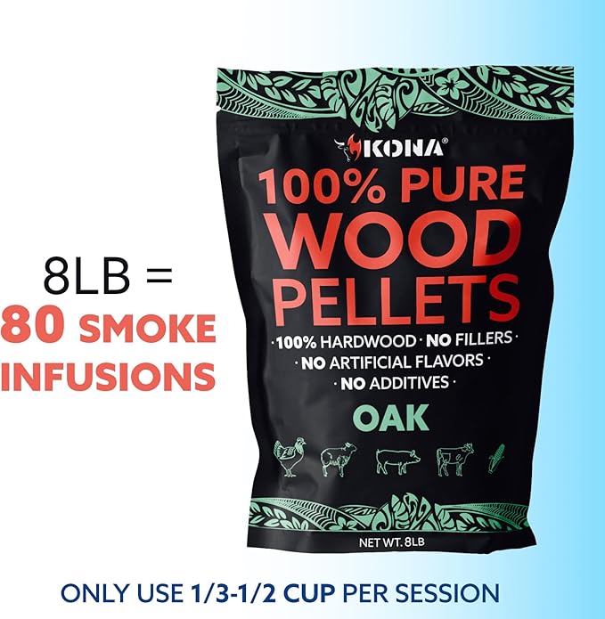 Kona 100% Oak Wood Pellets - Concentrated, Pure, Old Growth Hardwood Grilling Pellets - for BBQ, Smoker Tubes, Grills - 8 lbs 100% Oak Mild Smoke