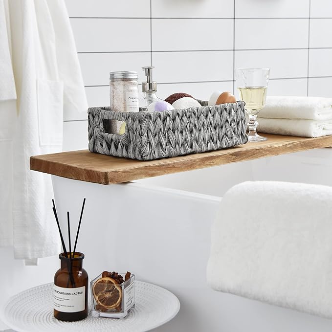 GRANNY SAYS Wicker Baskets for Storage, Waterproof Rattan Storage Baskets, Odorless Wicker Basket with Handles, Decorative Storage Containers, Gray Basket for Pantry Storage, 2-Pack