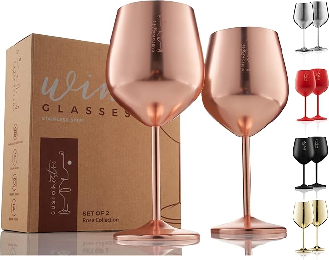 Gusto Nostro Stainless Steel Wine Glass - 18 oz - Unbreakable Rose Gold Wine Glasses for Travel, Camping and Pool - Fancy, Unique and Cool Portable Metal Wine Glass for Outdoor, Picnics (Set of 2)