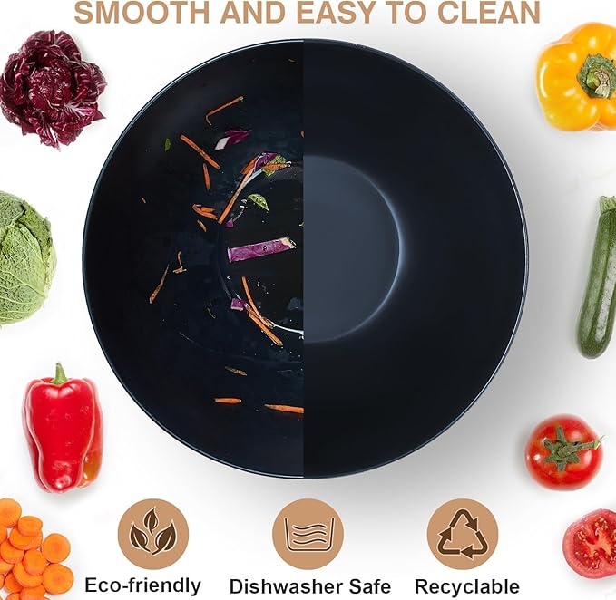 11.3" Extra Large Salad Bowl with Wooden Lid & Servers, 208Oz, Oversized Bamboo Fiber Salad Serving Set with Utensils for Home/Kitchen, Big Lightweight Bowl for Mixing Salad,Fruit,Pasta - Matte Black