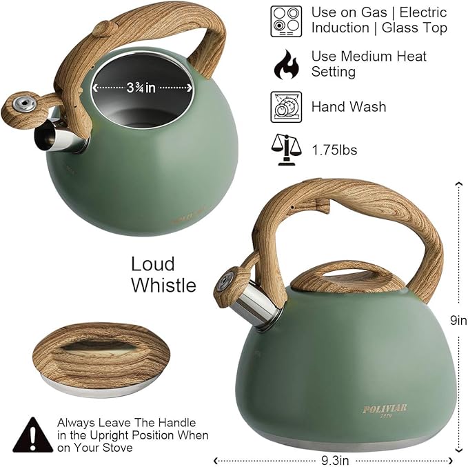 Poliviar Tea Kettle, 2.7 Quart Seaweed Green Finish with Wood Pattern Handle Loud Whistle Food Grade Stainless Steel Teapot, Anti-Hot Handle and Anti-Rust, Suitable for All Heat Sources (JX2020-SB30)