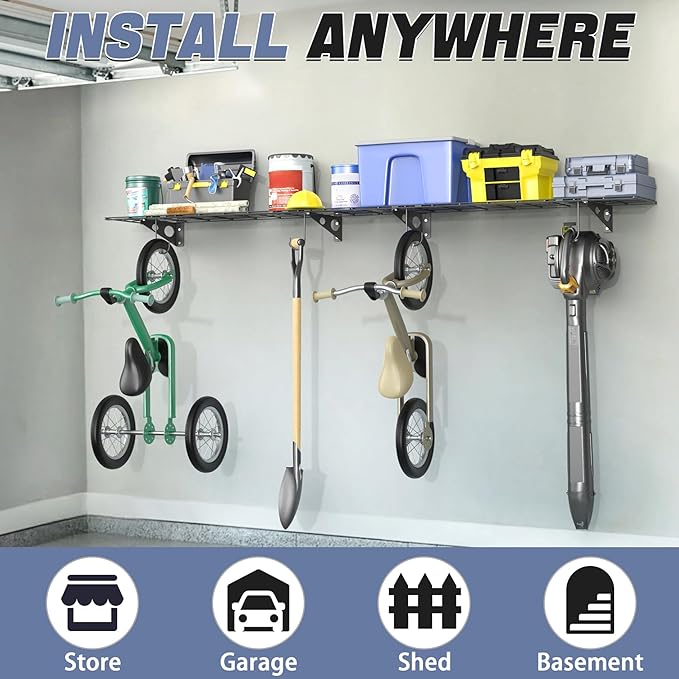 WALMANN 2 Pack Garage Wall Shelves, 1 x 4 ft/12 * 48 inch Wall Mounted Storage Shelves for Garage Heavy Duty Floating Shelving, Holds Up to 220 lbs(Black)