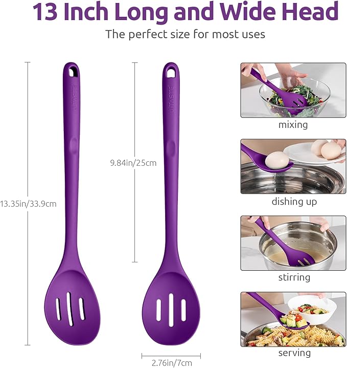 600ºF Heat Resistant Slotted Spoon: U-Taste 13.3in Solid Kitchen Cooking Spoon, Nonstick Food Grade Large & Long Rubber Utensil for Mixing, Serving, Stirring, Basting, Frying, Draining (Purple)