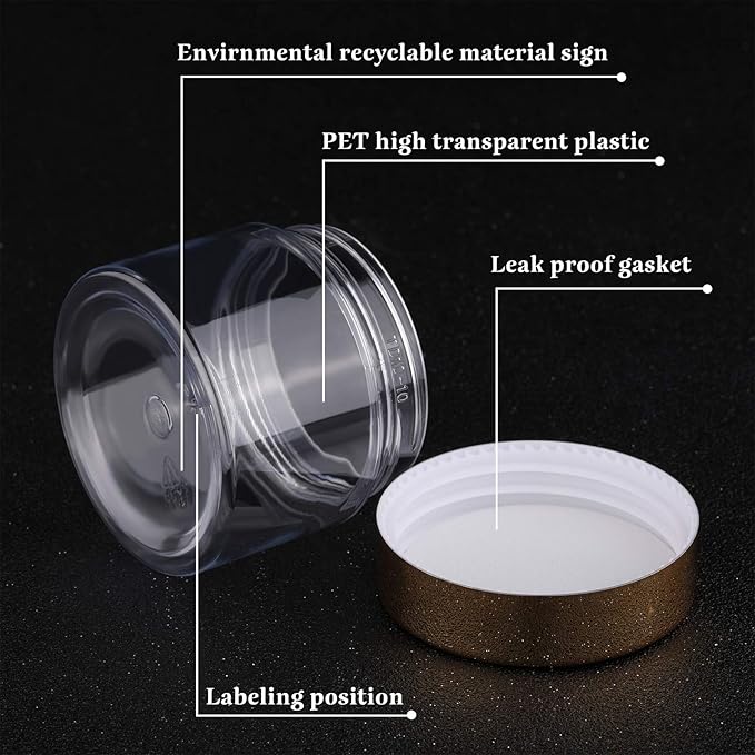 SATINIOR 6 Pack 2 oz Plastic Jars Containers with Lids Wide-mouth Refillable Leakproof Reusable Round Empty Jars for Travel Cosmetic Dry Food Spice Candy Cookie Home Kitchen Organizing(Gold)