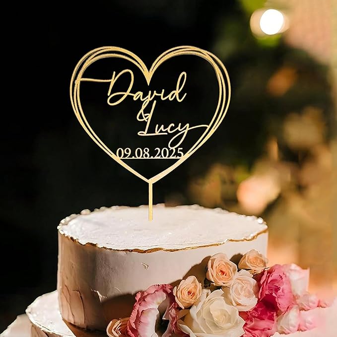 Personalized Wedding Cake Topper, Gold Cake Topper For Wedding, Rustic Weddings Cakes Topper, Personalized Acrylic or Wood Cake Decoration for Engagement, Anniversary, Bridal Shower 2
