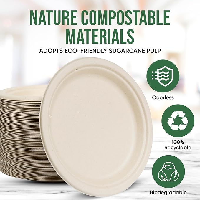 9 Inch Compostable Paper Plates (100 Pack) - Eco-Friendly Disposable Dinnerware for Parties, Microwavable & Water/Oil Resistant - 100% Biodegradable Heavy Duty Brown Plates for Events, Picnics