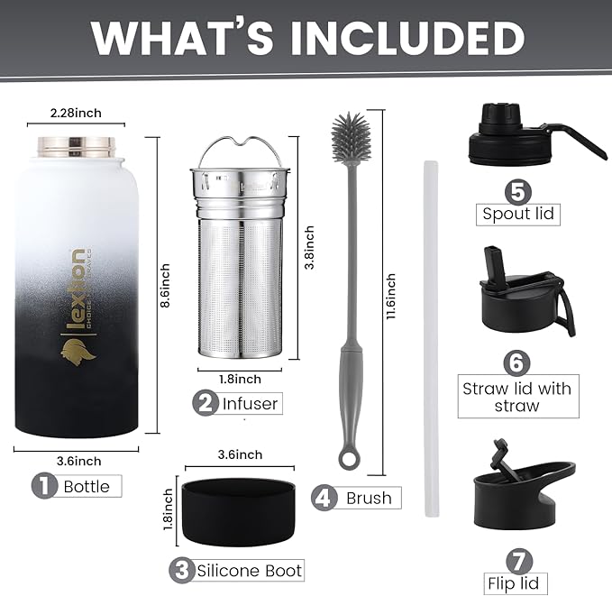 Lexlion 32 Oz Triple Walled Insulated Stainless Steel Fruit Infuser Water Bottle, Leakproof, 3 Lids, Infuser, Silicone Sleeve