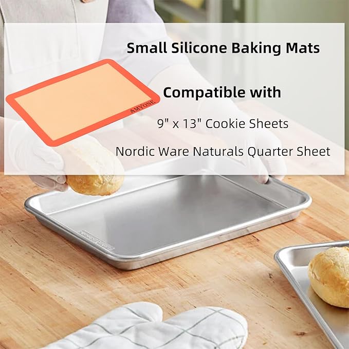 AMYONE Quarter Sheet Silicone Baking Mat, 2 Pcs Non-Stick Silicone Baking Mats Cookie Sheet for 9x13 Baking Pan, Reusable Baking Sheet Liners Compatible with Nordic Ware Naturals Quarter Sheet
