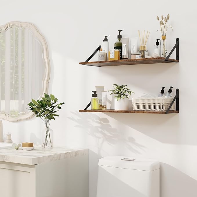 Heimlove Deep Floating Shelves for Wall, 24W x 8D Wood Wall Shelves Set of 2, Wide Floating Bookshelf for Living Room, Kitchen, Office, Bedroom and Decor Storage, with Metal Bracket - Rustic Brown