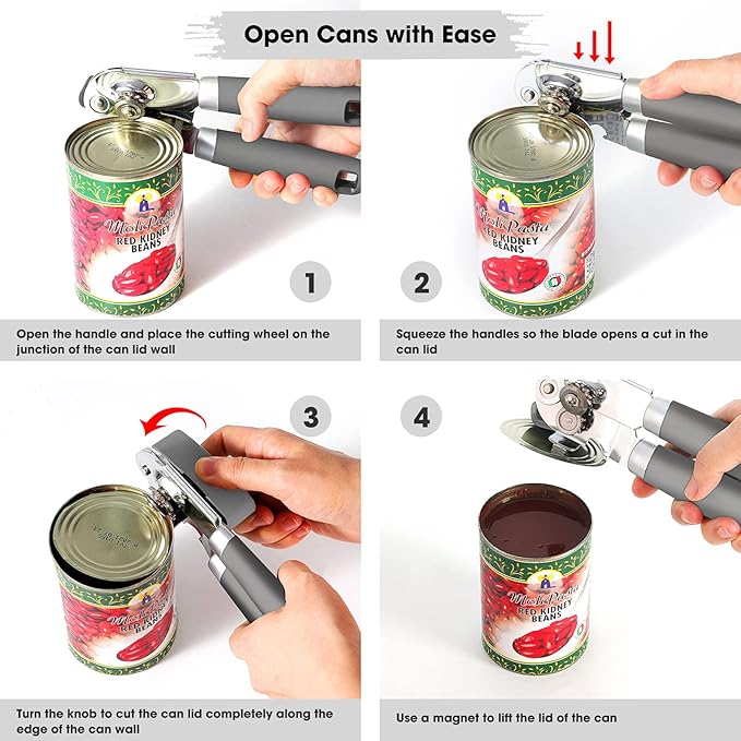 Beneno Can Opener Manual with Magnet, Hand Held Heavy Duty Can Opener with Durable Sharp Blade Smooth Edge, Big Effort-Saving Knob, Soft Grip Rubber Handle, Multifunctional Bottle Opener, Gray