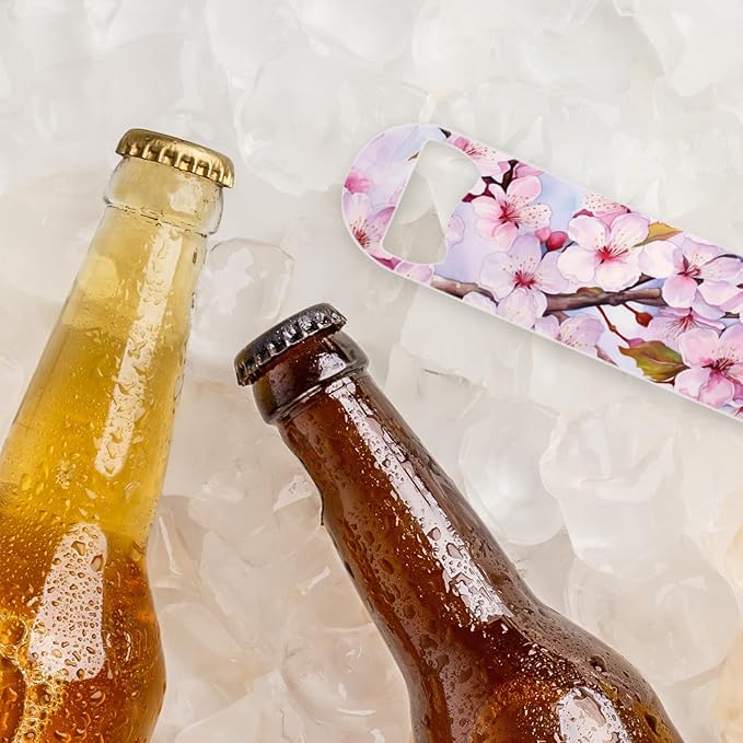 2 PACK Beer Bottle Opener, Stainless Steel Flat Bottle Openers,7 inch Metal Decor,Cherry Blossoms With Pink Petals