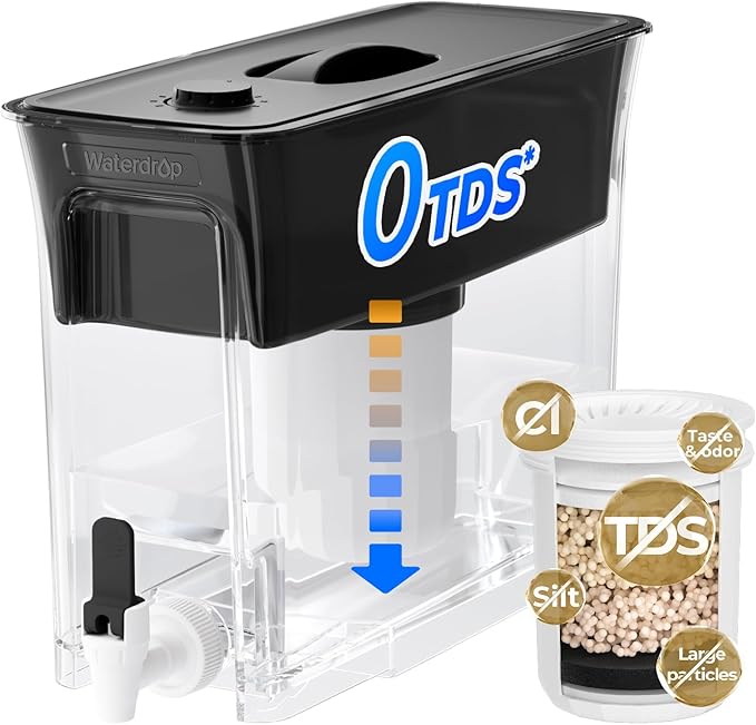 Waterdrop 35-Cup 0 TDS Slim Water Filter Dispenser, Large Capacity, Reduces TDS, Chlorine, PFOA/PFOS and More, BPA Free, Black (with 1 Filter)