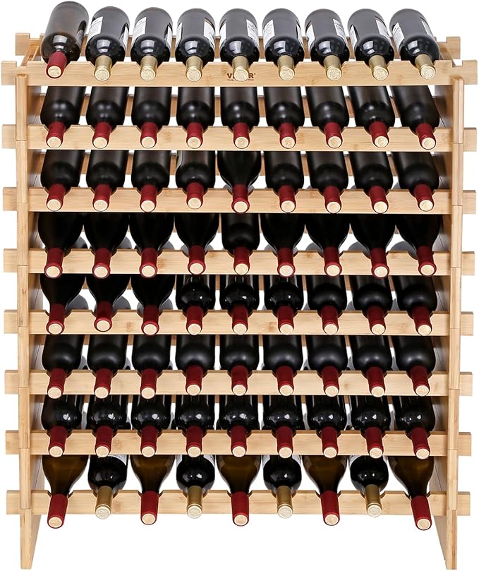 VEVOR Stackable Modular Wine Rack, 8-Tier 72 Bottles, Freestanding Wines Holder Display Shelf, Solid Bamboo Wood Storage Racks, Wobble-Free Shelves for Kitchens, Dining Rooms, Cellars, Natural Color