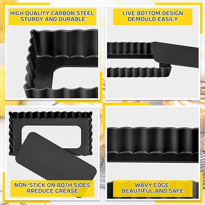 Tessco 16 Pieces Mini Tart Pans with Removable Bottom Nonstick Quiche Mini Pie Tart Pans Bakeware Mold Fluted Side for Pies(Black Rectangle,4.33 x 2.36 x 0.79 Inch)