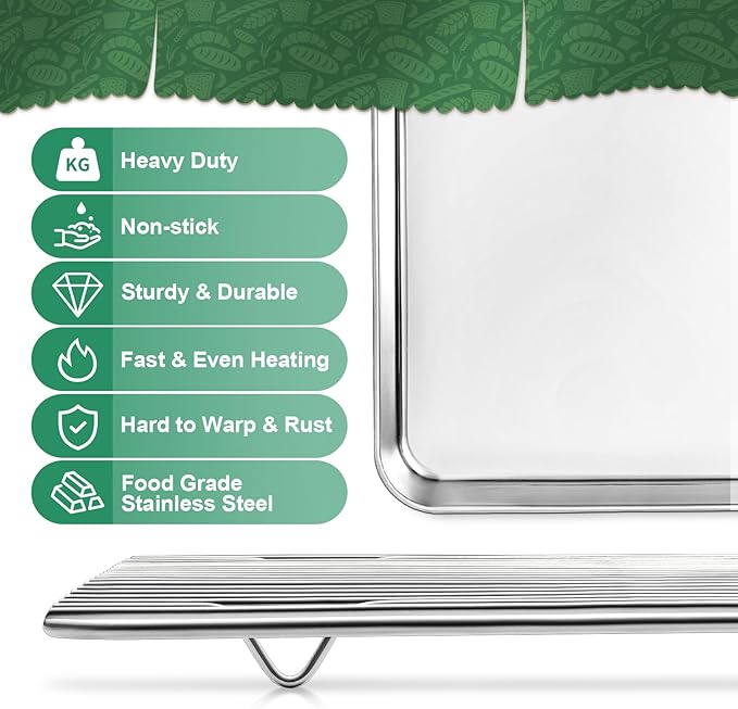 Baking Sheets 2 Pieces with A Rack, HKJ Chef Cookie Sheets and Nonstick Cooling Rack & Stainless Steel Baking Pans & Toaster Oven Tray Pan, Rectangle Size 12.5 x 10 x 1 inch & Non Toxic