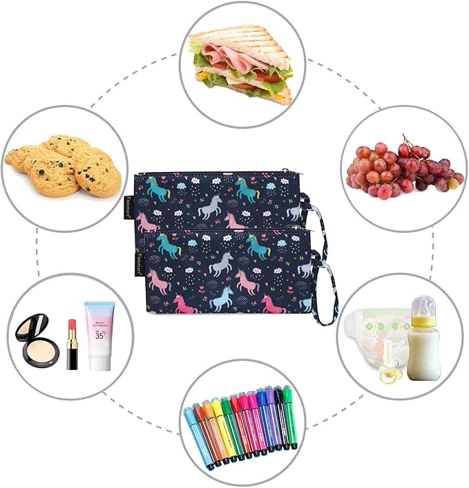 Reusable Sandwich Bag/Snack Bag for Kids & Adults, Dual Layer Lunch Bag with Handle, Washable, Food Safe, BPA Free (2-Pack, Colorful Unicorn)